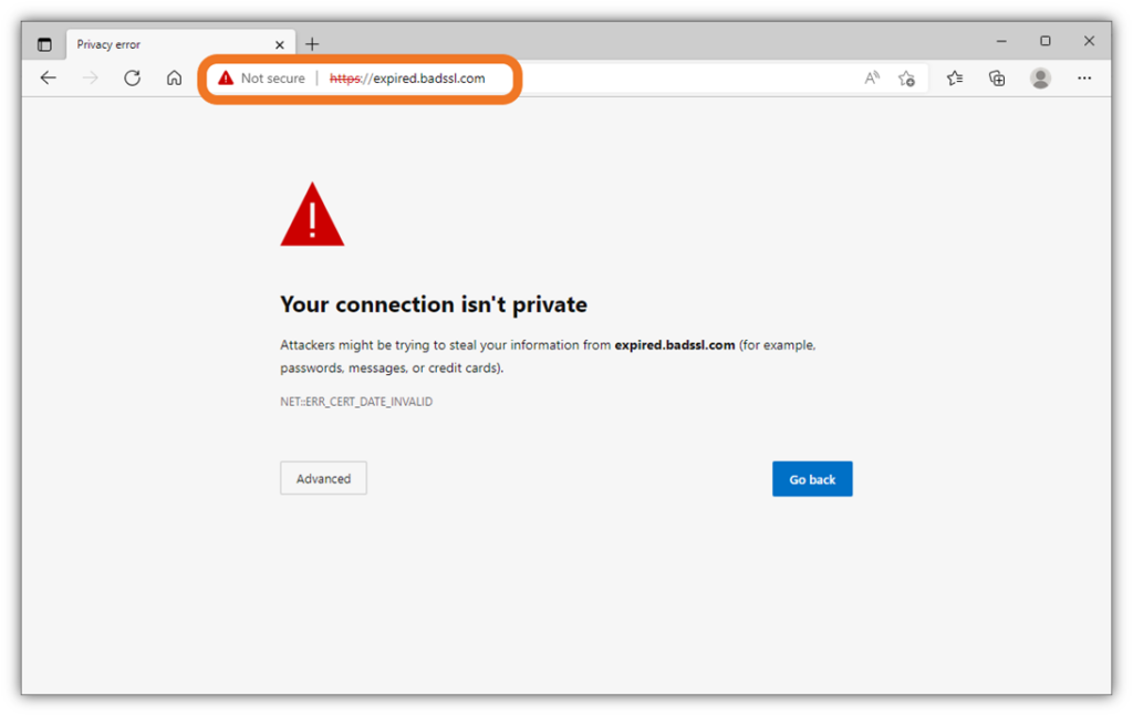 BadSSL.com'un "güvenli değil" uyarısı görüntüleyen süresi dolmuş bir SSL/TLS sertifikası hatası gösteren bir örnek yükleyen ekran görüntüsü